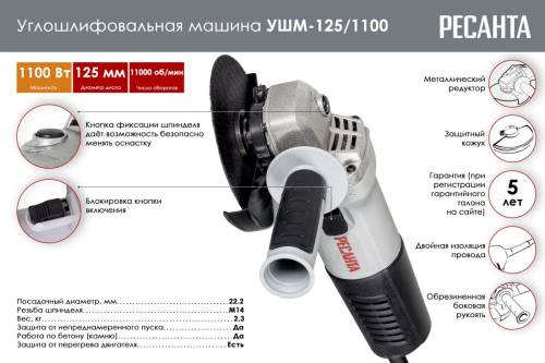 Углошлифовальная машина УШМ-125/1100 Ресанта