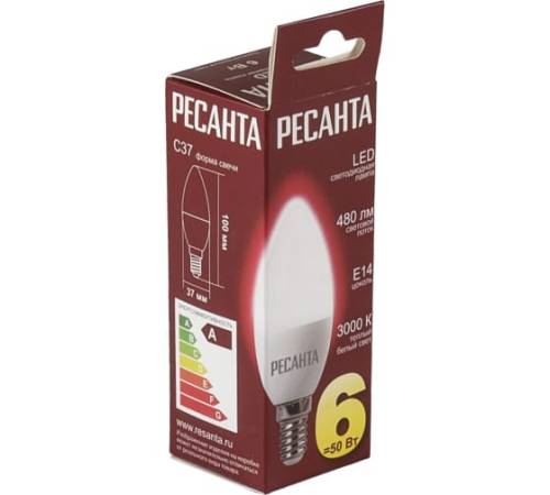 Лампа светодиодная LL-R-C37-6W-230-3K-E14 (свеча, 6Вт, тепл., Е14) Ресанта