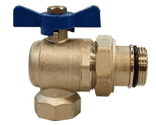 Кран американка 1' г-ш  бант синий, УГЛОВОЙ под коллектор Terma-R, IVR, шаровый никель лат.