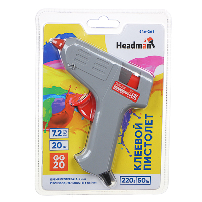 Пистолет клеевой электрический GG-20, 20Вт.наг. 3-5 мин, 6 гр/мин, +2 стержня 7мм Headman  (FALCO )