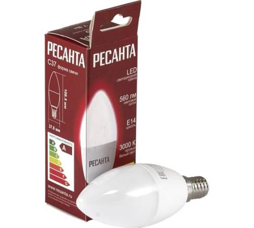 Лампа светодиодная LL-R-C37-7W-230-3K-E14 (свеча, 7Вт, тепл., Е14) Ресанта