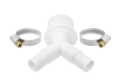 Двойной штуцер d40 - 19/22 мм с хомутом для сливного шланга стиральных машин MasterProf