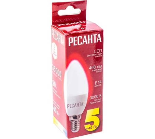 Лампа светодиодная LL-R-C37-5W-230-3K-E14 (свеча, 5Вт, тепл., Е14) Ресанта