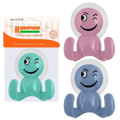 Крючок на присоске "Веселый человечек" 27.67, 3 цвета, пастель, без выбора цвета