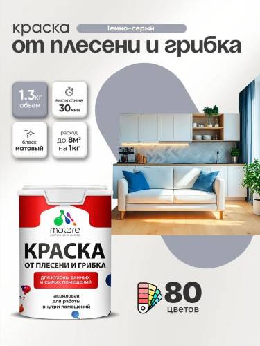 Влагостойкая краска от плесени и грибка Malare Professional акриловая для кухни, ванной комнаты, для