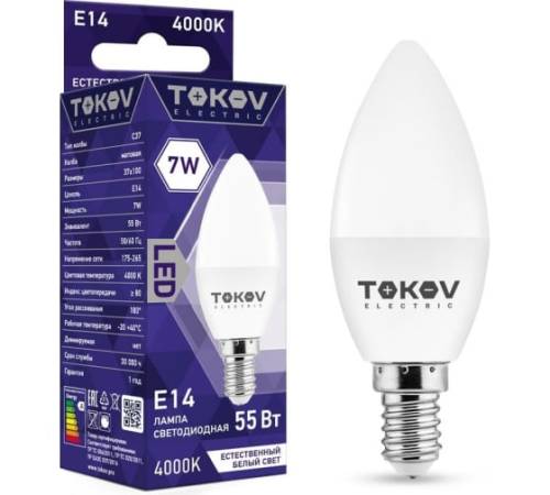 Лампа светодиодная 7Вт С37 4000К Е14 176-264В TOKOV ELECTRIC TKE-C37-E14-7-4K